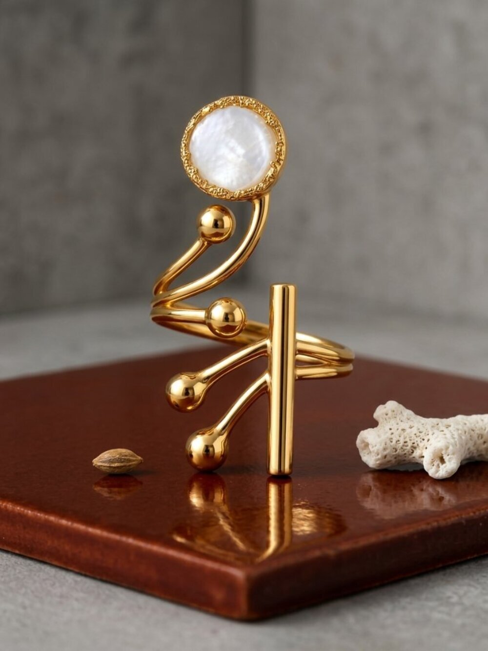 Sculptural Gold Ring Mother of Pearl Turkish Artisan Handmade Adjustable 8-10